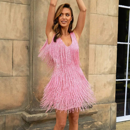 Cocktail dresses with sequin fringe and V-neck for women