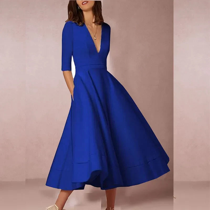 A-line midi dress with deep v-neck and 3/4 sleeves for women