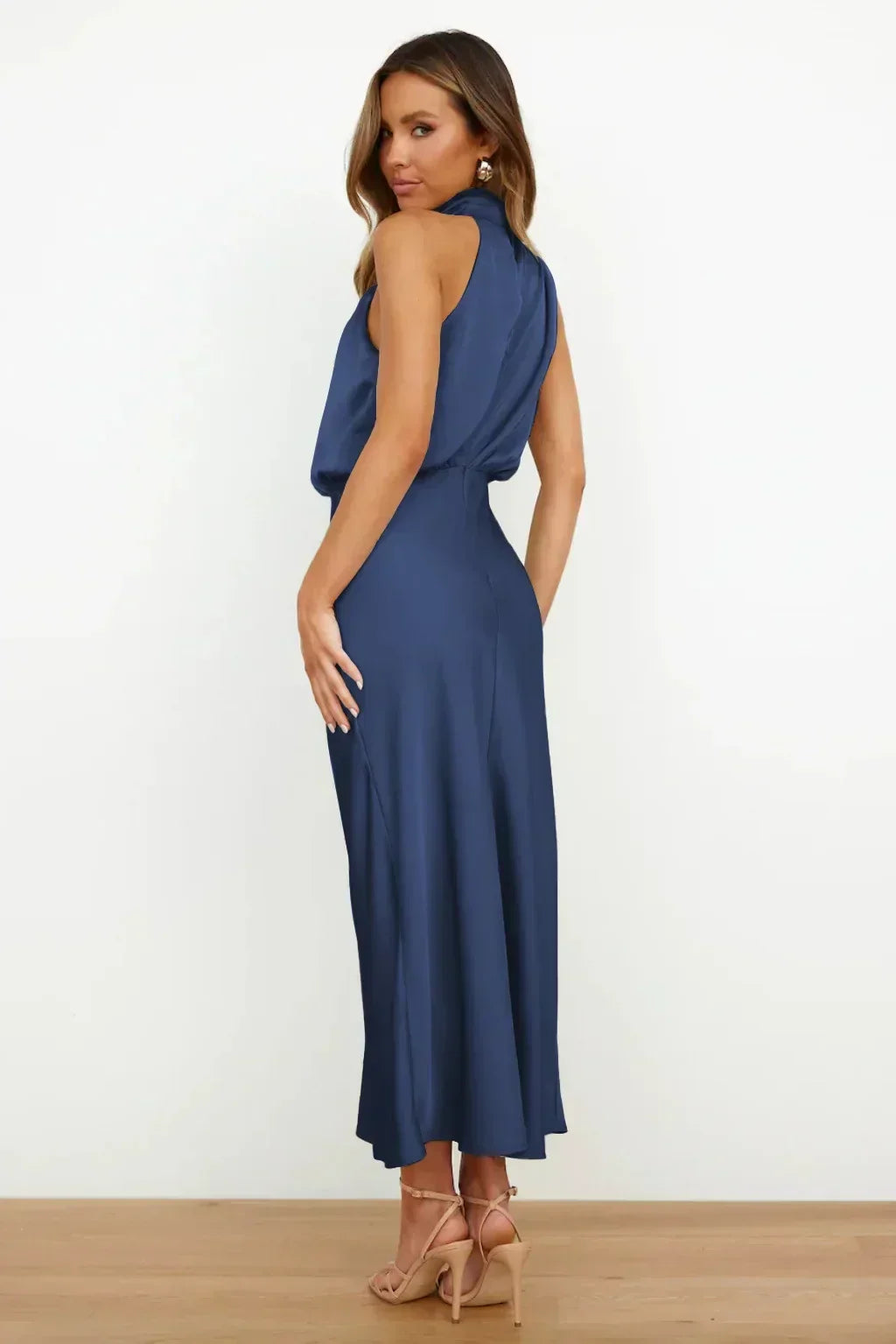 Halter neck formal dresses for women with a midi length and satin finish