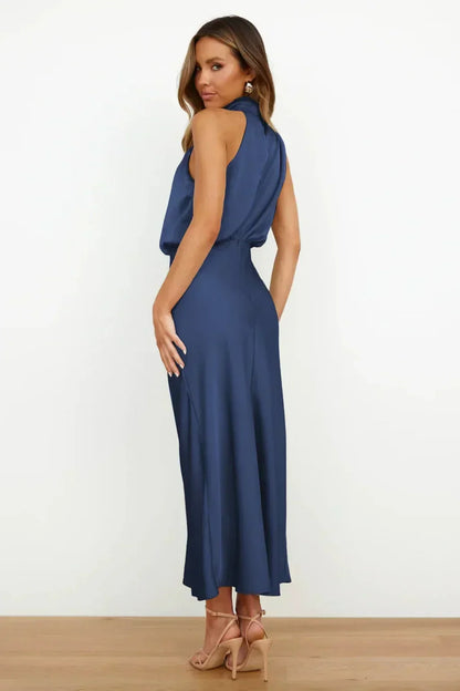Halter neck formal dresses for women with a midi length and satin finish