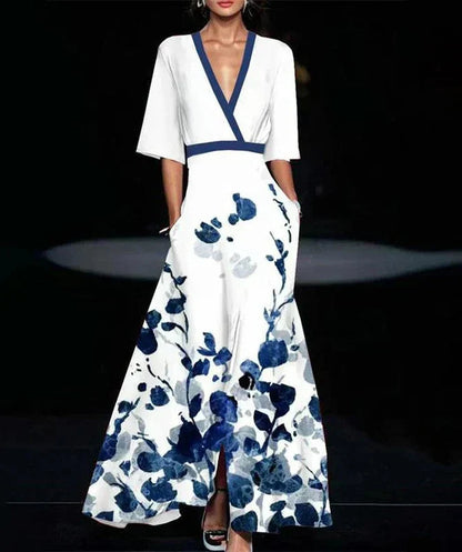 Maxi dresses for women with v-neck and three quarter sleeves