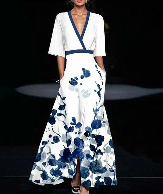 Maxi dresses for women with v-neck and three quarter sleeves