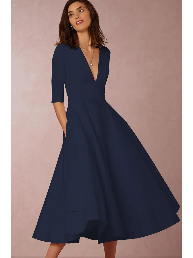 A-line midi dress with deep v-neck and 3/4 sleeves for women