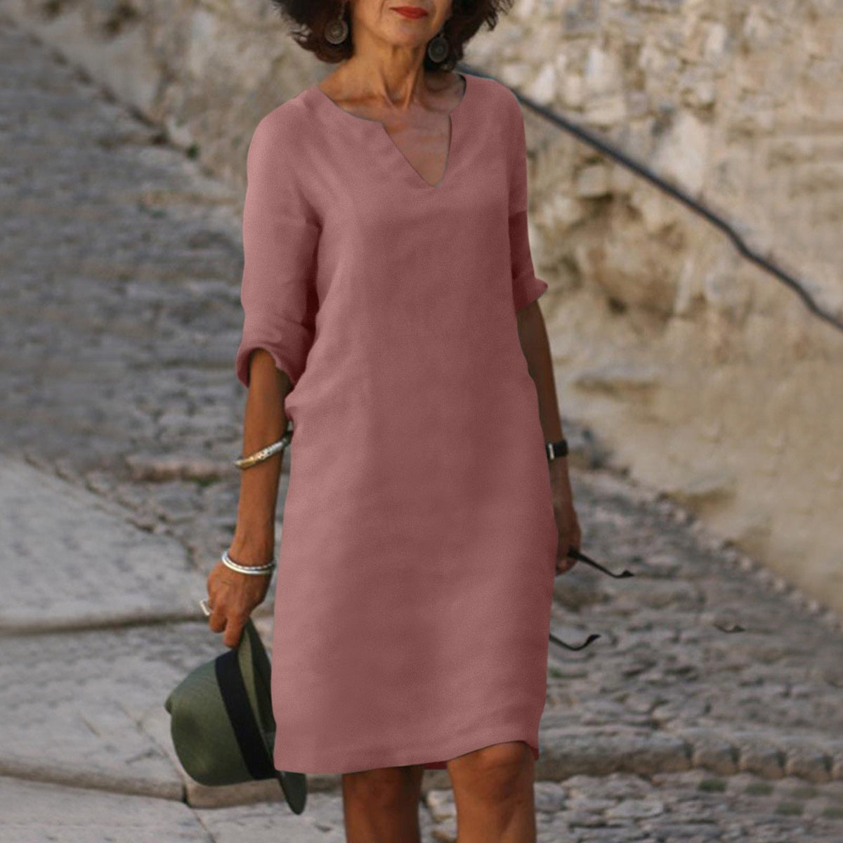 Summer dresses for women, knee length v-neck dress with roll up sleeves