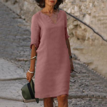 Summer dresses for women, knee length v-neck dress with roll up sleeves