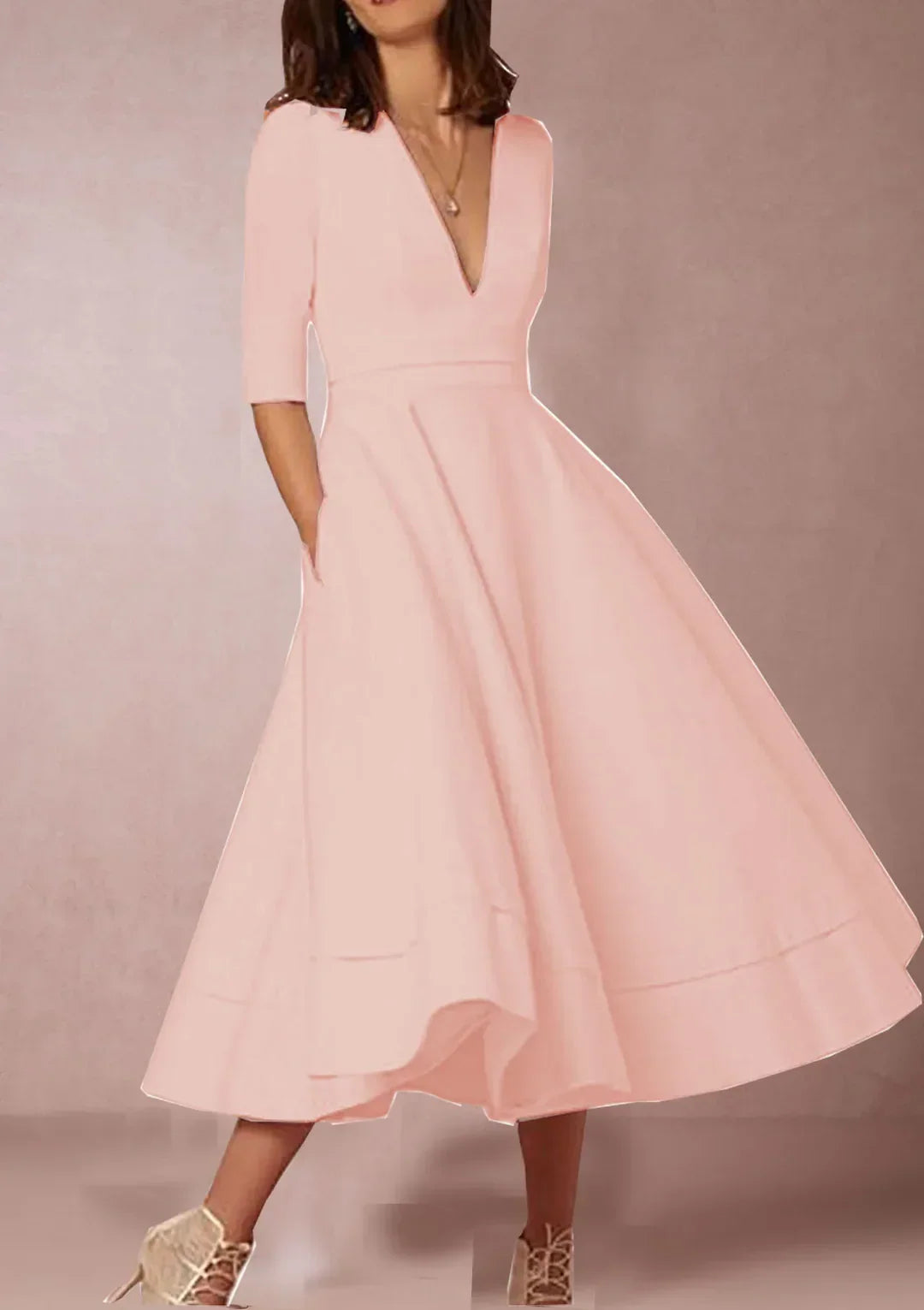 A-line midi dress with deep v-neck and 3/4 sleeves for women
