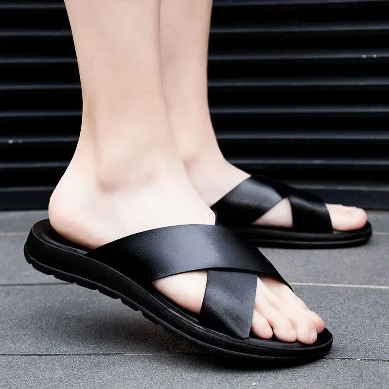 Cross strap slides for men with slip on design and flexible sole