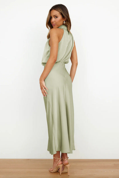 Halter neck formal dresses for women with a midi length and satin finish
