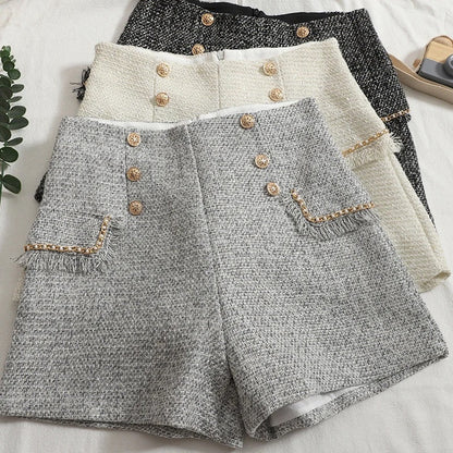 High waisted womens shorts with double breasted button detail
