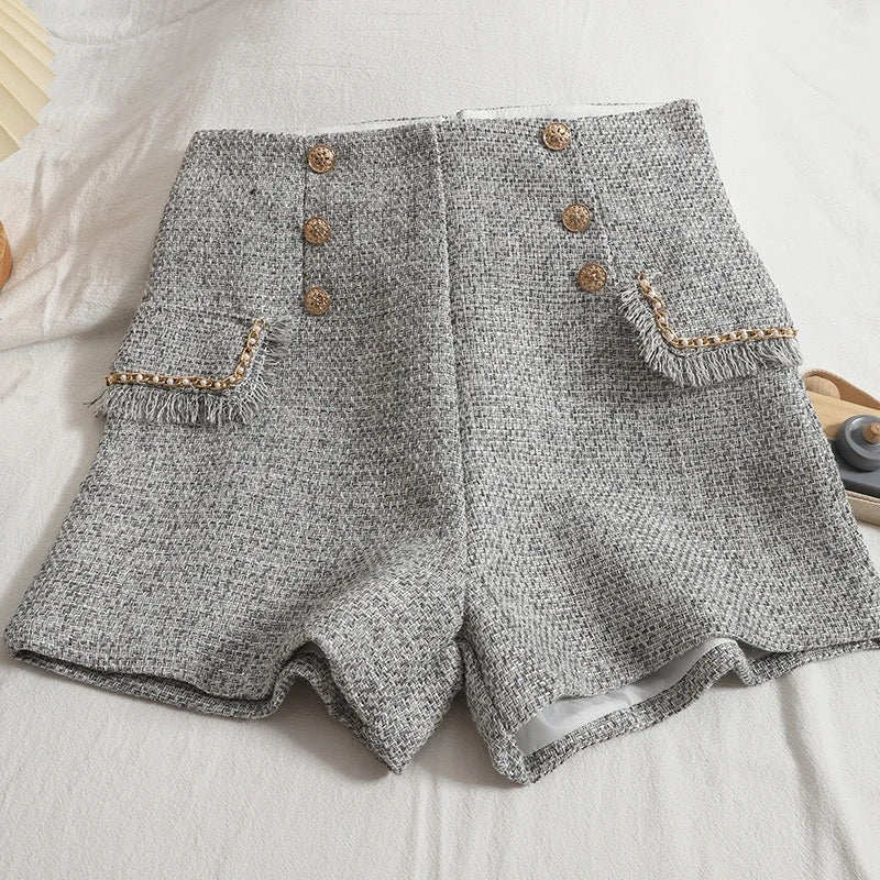 High waisted womens shorts with double breasted button detail