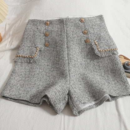 High waisted womens shorts with double breasted button detail