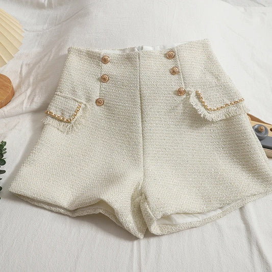High waisted womens shorts with double breasted button detail