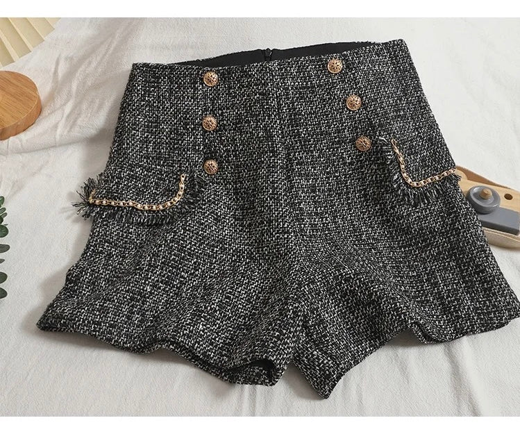 High waisted womens shorts with double breasted button detail