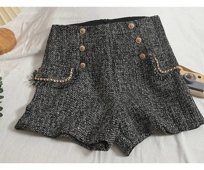 High waisted womens shorts with double breasted button detail