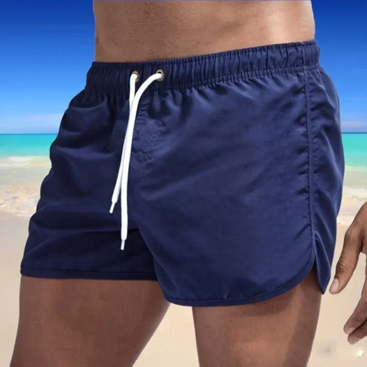 Board shorts for men with drawstring waist and curved hem