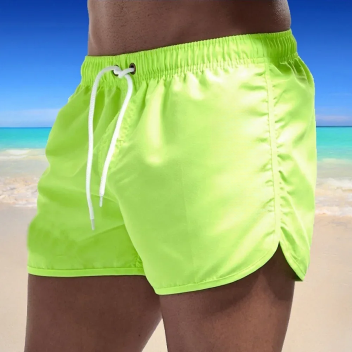 Board shorts for men with drawstring waist and curved hem