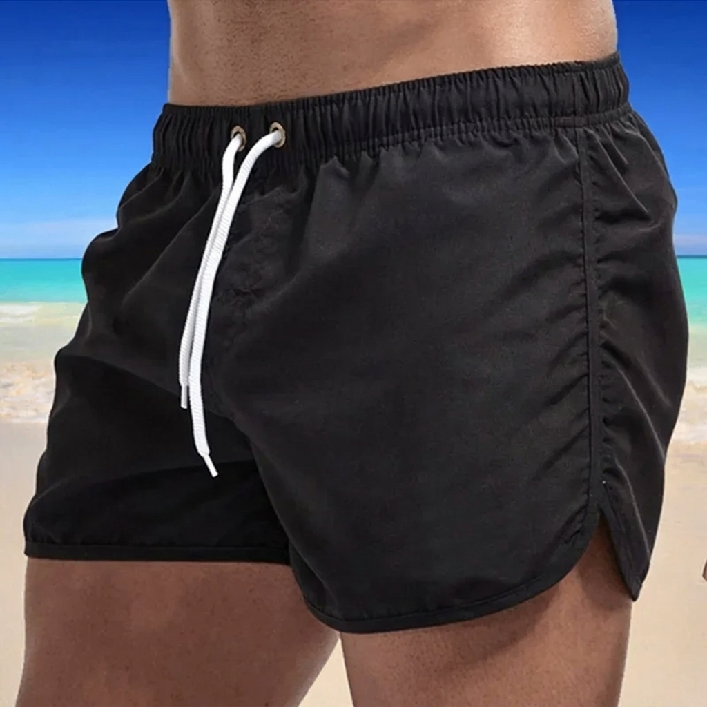 Board shorts for men with drawstring waist and curved hem