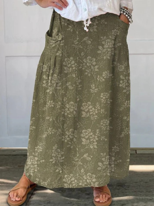 Maxi skirt for women with elastic waist, side pockets and floral print