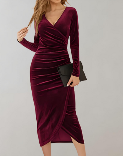 Cocktail dresses for women with V-neck wrap front and long sleeves