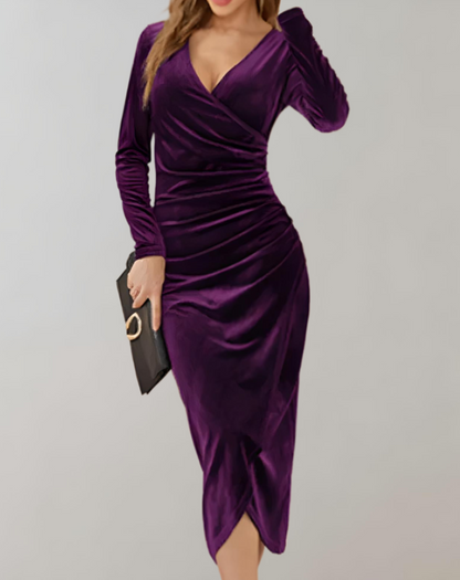 Cocktail dresses for women with V-neck wrap front and long sleeves