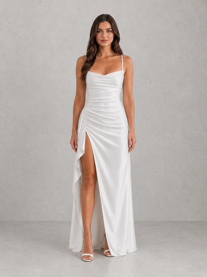 Formal dresses for women with cowl neck and high side split