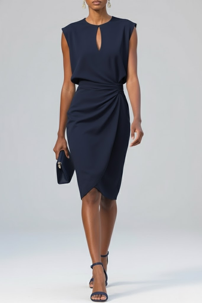 Keyhole neck midi dress for women with ruched waist detail