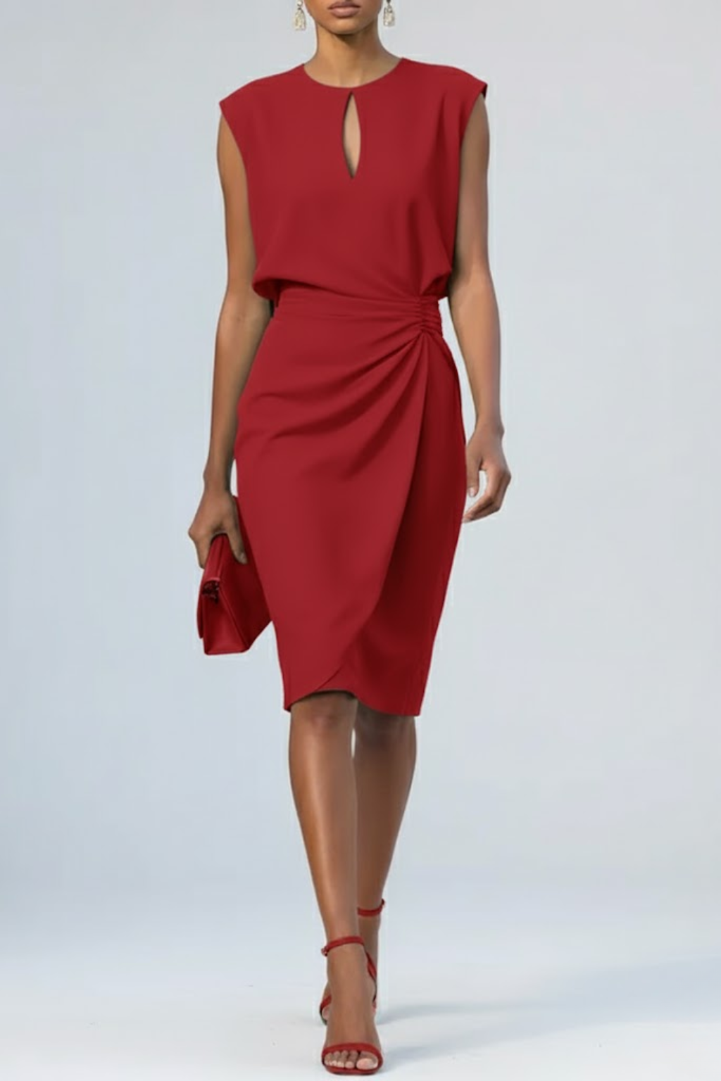 Keyhole neck midi dress for women with ruched waist detail
