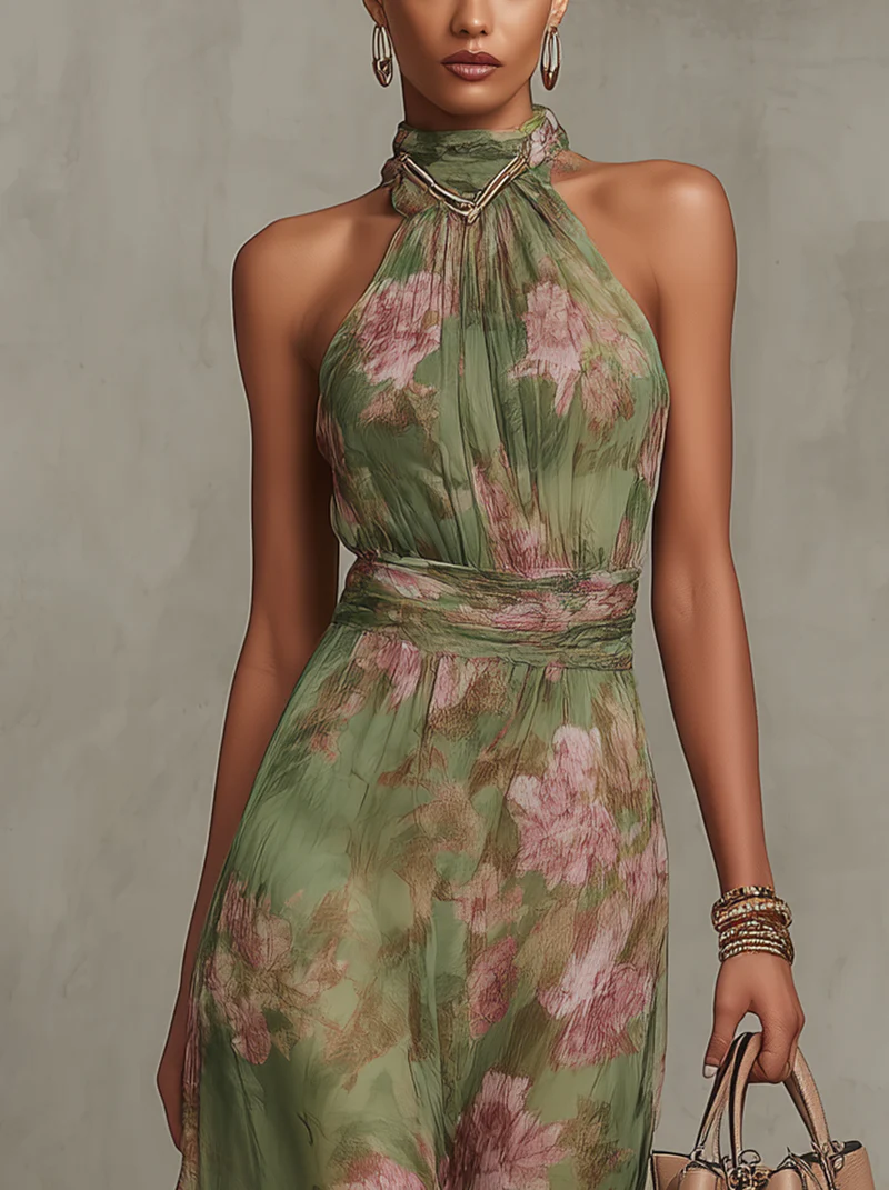 Summer dresses for women, halter neck floral maxi dress