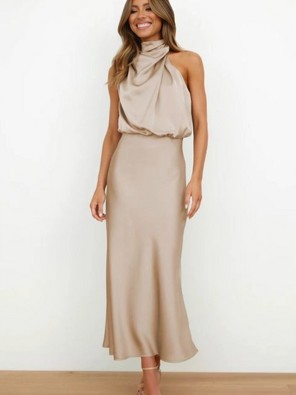 Halter neck formal dresses for women with a midi length and satin finish