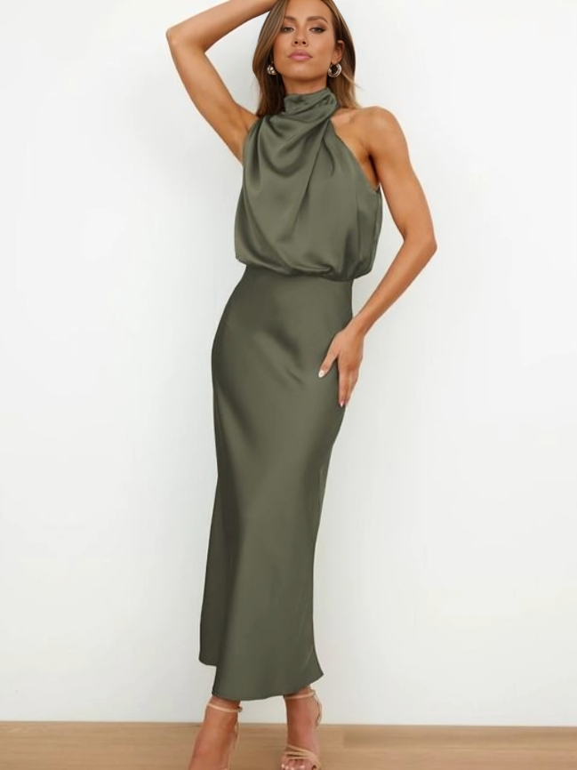 Halter neck formal dresses for women with a midi length and satin finish