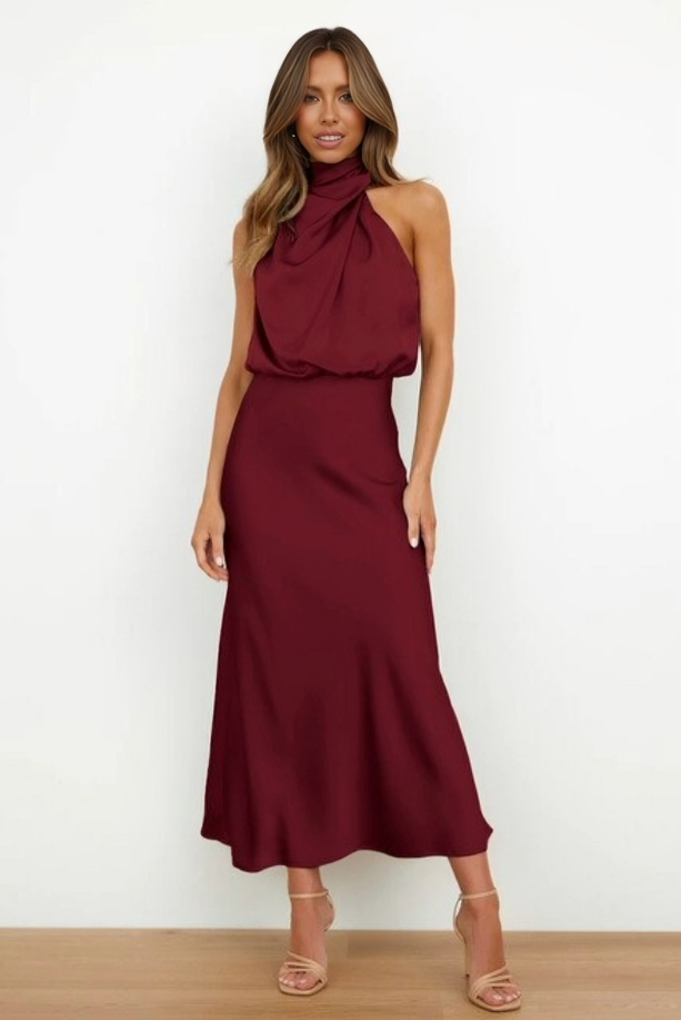 Halter neck formal dresses for women with a midi length and satin finish