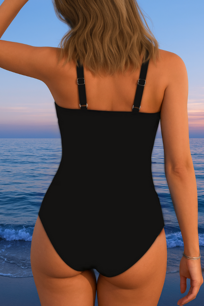 Wrap front one piece swimwear with side drawstring for women