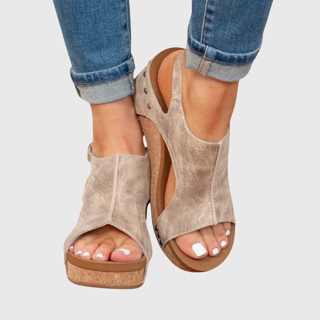 Women sandals with cork wedge heel and adjustable slingback strap