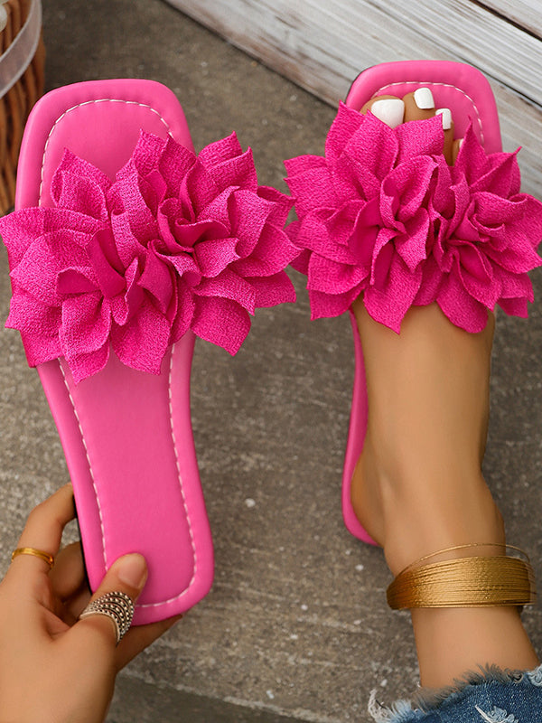 Women sandals with flower detail, open toe flat slides