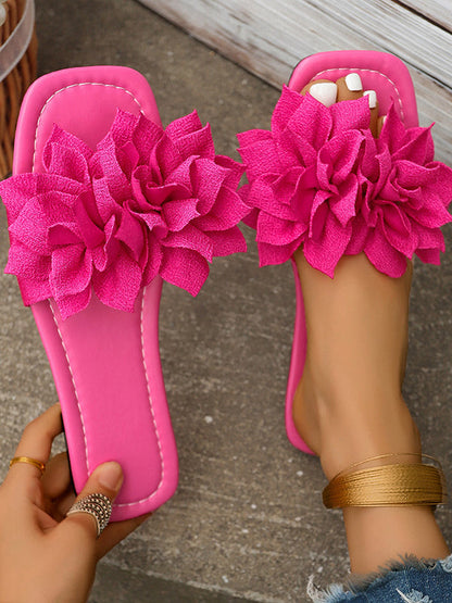 Women sandals with flower detail, open toe flat slides