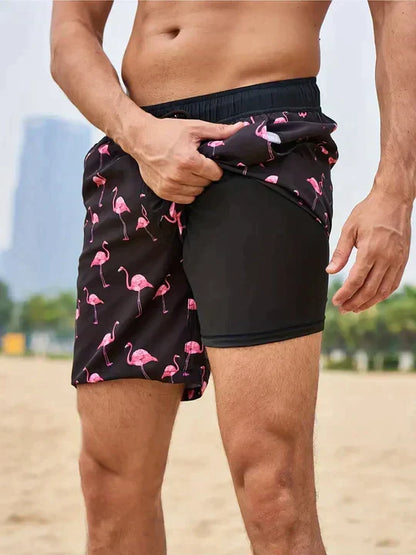 Board shorts for men with compression liner and drawstring waist