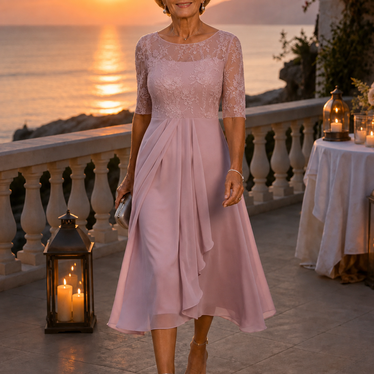 Wedding guest dress for women with lace bodice and 3/4 sleeves