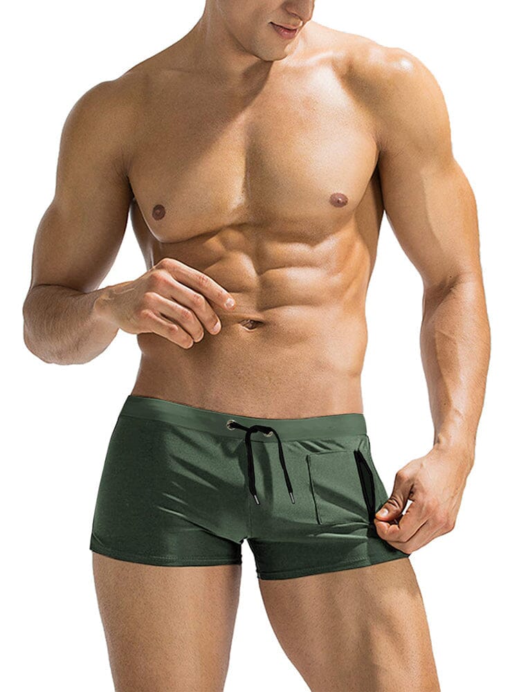 Slim fit board shorts for men with square leg, drawstring waist and zip pocket