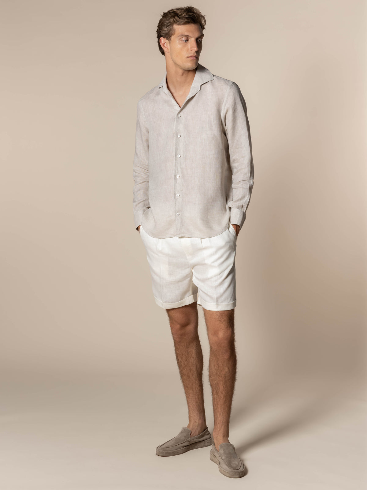 Mens shorts with elasticated drawstring waist and turn-up hems