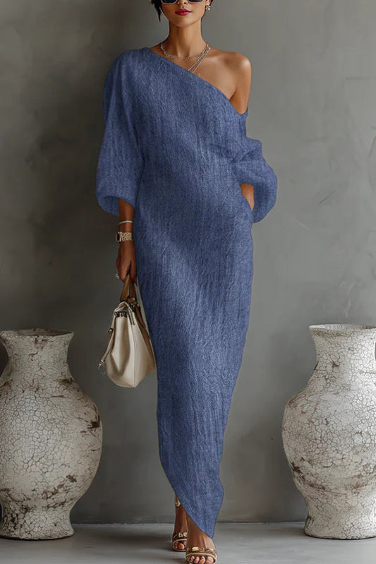 One shoulder maxi dresses for women with lantern sleeves and pockets
