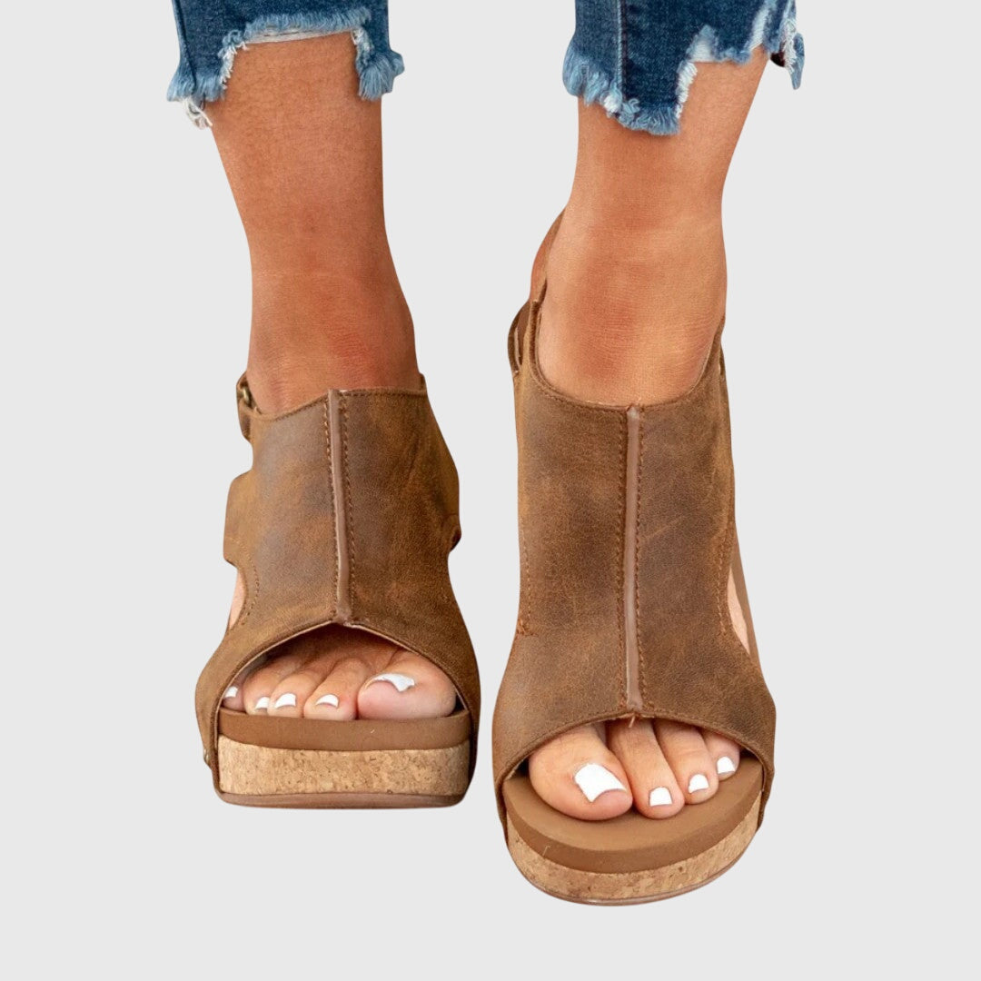 Women sandals with cork wedge heel and adjustable slingback strap