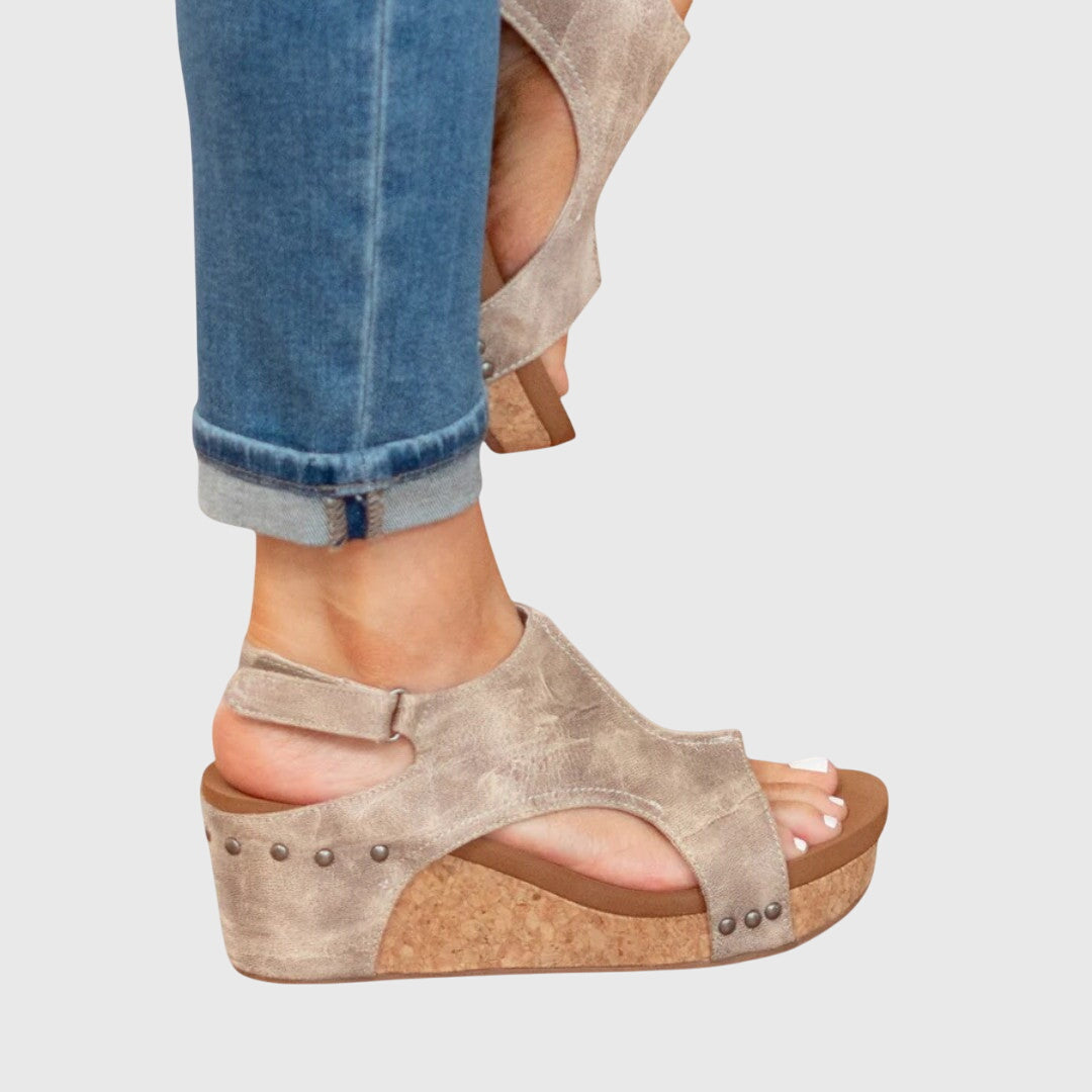 Women sandals with cork wedge heel and adjustable slingback strap
