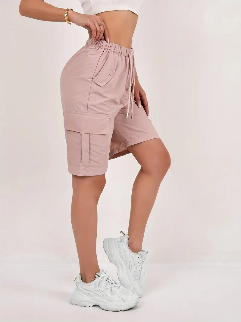Womens shorts with cargo pockets, drawstring and elastic waist