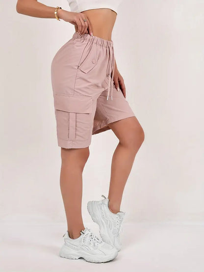 Womens shorts with cargo pockets, drawstring and elastic waist