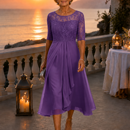 Wedding guest dress for women with lace bodice and 3/4 sleeves