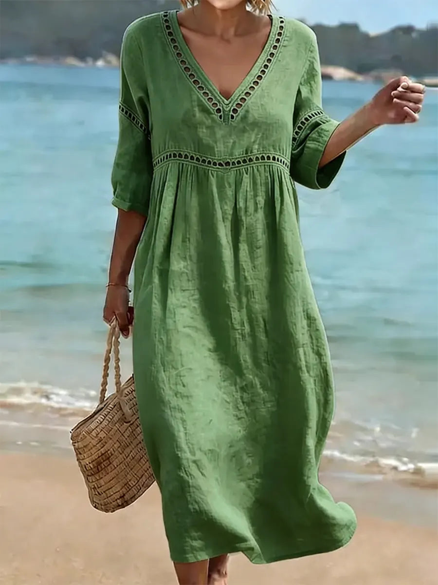Summer dresses for women, v-neck midi dress with cut-out trim