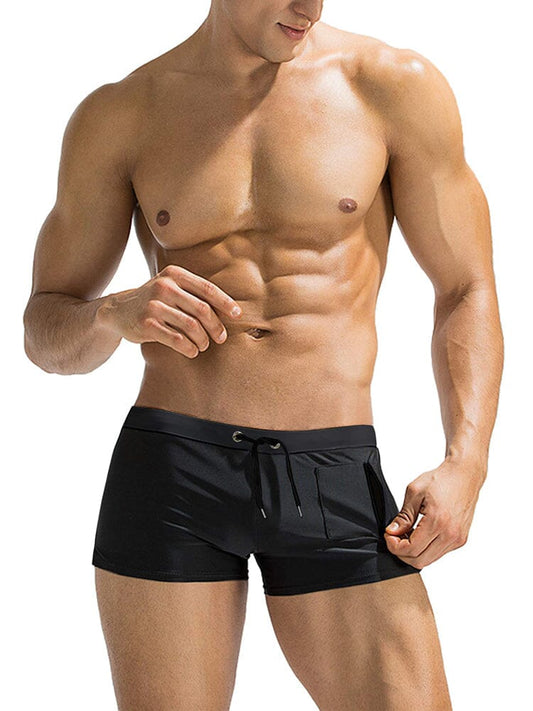 Slim fit board shorts for men with square leg, drawstring waist and zip pocket