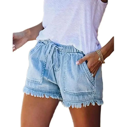 Womens shorts with drawstring waist and frayed hem, denim look