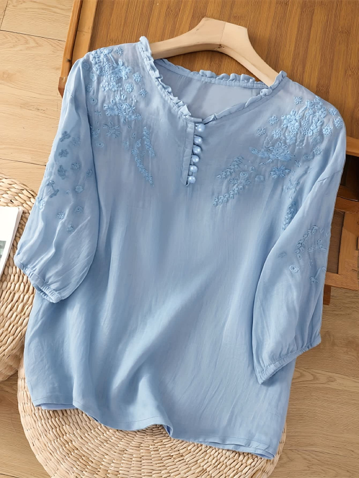 Embroidered blouse for women with ruffle neckline and half sleeves