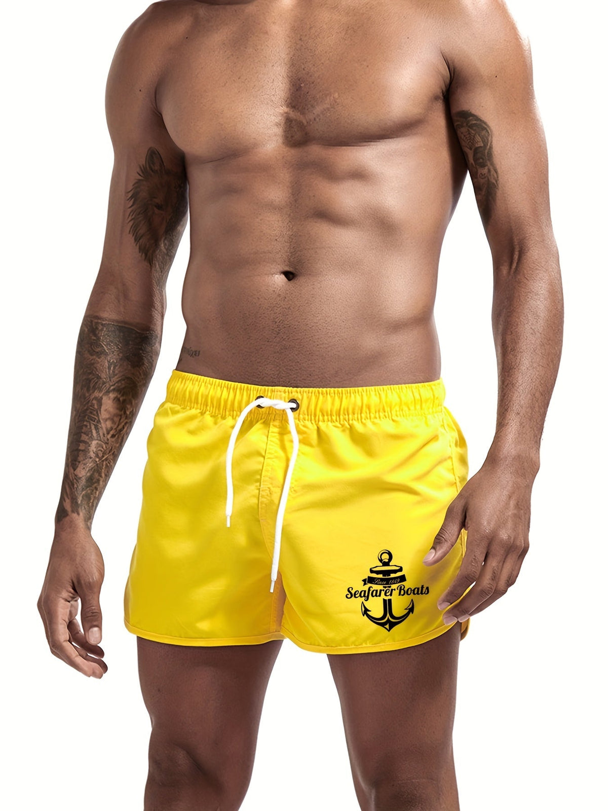 Board shorts for men with drawstring waist and anchor print